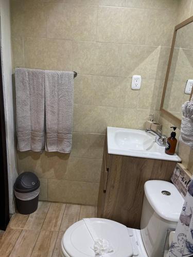 a bathroom with a white toilet and a sink at Hidden House Casa Escondida in Santa Rosa