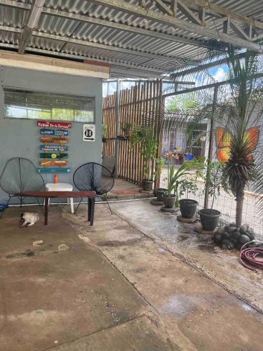 a patio with a table and chairs and plants at Hidden House Casa Escondida in Santa Rosa