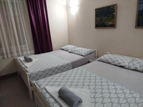 two twin beds in a room with a window at Vila Eni in Smederevo