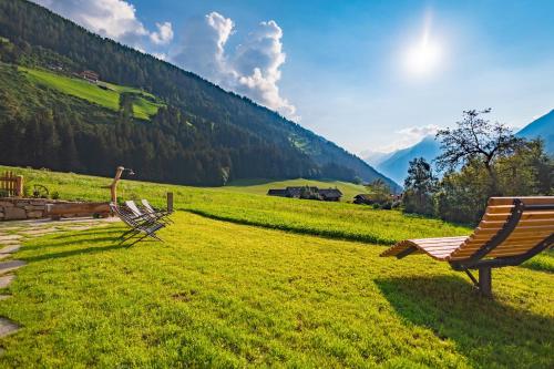 two benches sitting in a grassy field with a mountain at Ferienhaus Oberschneider in Selva dei Molini