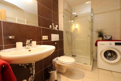 a bathroom with a sink and a toilet and a shower at Birkenhof App 44 in Wustrow