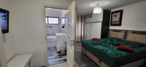 a bedroom with a bed with green sheets and red pillows at Guest house in Otopeni