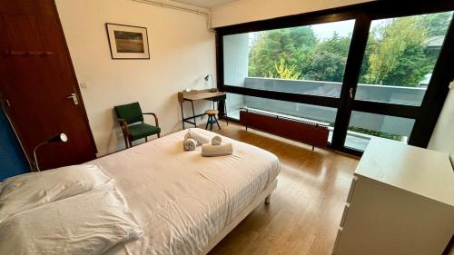 a bedroom with a bed and a large window at La Corniche in Thonon-les-Bains