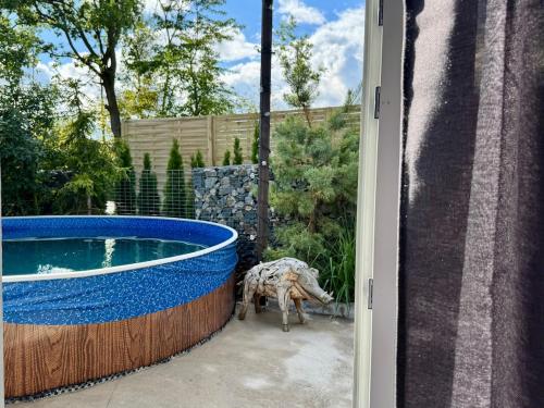 a large pool of water with a statue next to it at Garden Residence - The Garage in Drahobudice