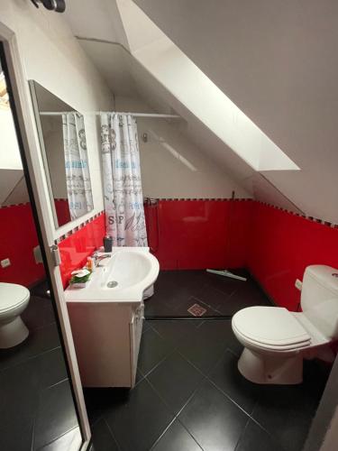 a bathroom with a white toilet and a sink at Brasov Cucu Residence in Braşov