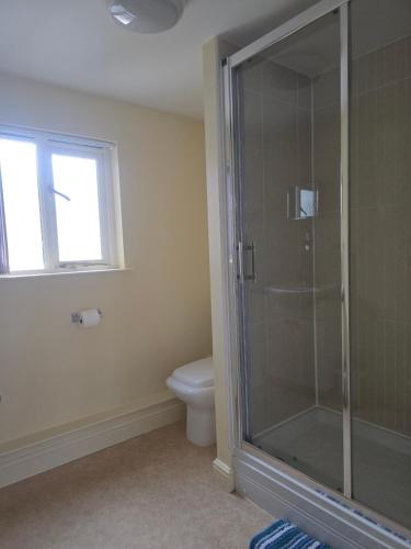 a bathroom with a toilet and a glass shower at Unicorn Hotel Llanidloes in Llanidloes
