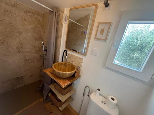 a bathroom with a wooden sink and a toilet at Gites Colline De Sollies in Salernes