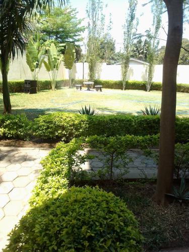 a park with a bench and trees and bushes at Cozy comfort apartment in Lusaka