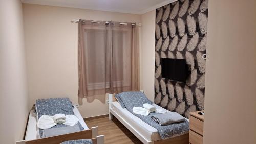 a small room with two beds and a tv at Anna Vendégház és Rendezvényterem in Hajdúnánás