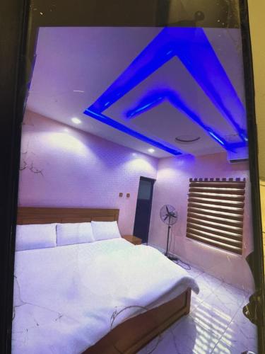 a bedroom with a large bed with a blue ceiling at Dearest service appointments in Lagos