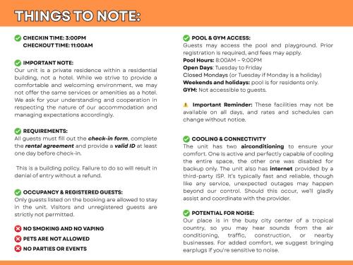 a screenshot of a page of a text explaining things to note at Prime BGC Condo: Uptown Mall & Hyatt #ournw21n in Manila