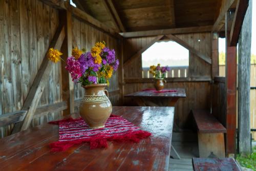 a vase filled with flowers sitting on a table at Cabana Georgiana Dealu Negru in Dealu Negru