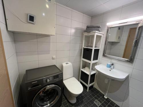a small bathroom with a washing machine and a sink at Raatuse 85 Deluxe Apartments in Tartu