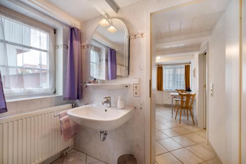 a bathroom with a sink and a mirror at Appartementhaus Fischer in Lindau
