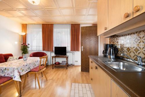 a kitchen and living room with a table and a kitchen and a room at Appartementhaus Fischer in Lindau