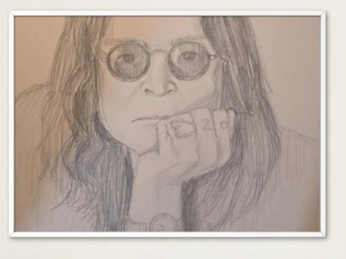 a drawing of a woman wearing glasses and holding a finger to her mouth at The Ozzy Room in Braşov