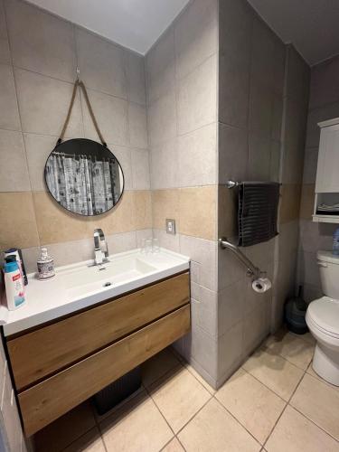 a bathroom with a sink and a toilet and a mirror at Le Numéro 1 in Val-Brillant