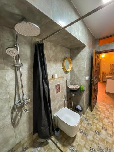 a bathroom with a shower and a toilet in it at Panorama Guesthouse in Agadir
