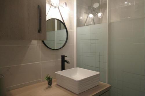 une salle de bain avec un lavabo blanc et un miroir dans l'établissement Apt 2 stars at the foot of the slopes in Briançon, à Briançon