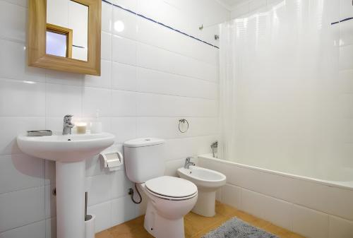 een witte badkamer met een toilet en een wastafel bij Beach House - Mountain And Ocean in Ribeira Seca do Porto
