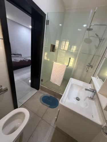 Un baño con inodoro, lavabo y ducha. en Home Habor Properties, en Lekki