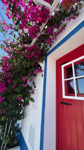 a red door and flowers on a white building at Casa Vó Briata in Mértola