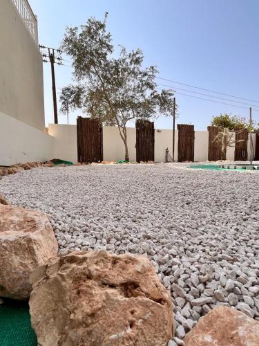 a stone patio with rocks and a tree at Maison Miraj Hostel in Muscat