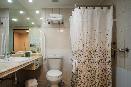 a bathroom with a toilet and a shower curtain at Tur Hotel Santiago in Santiago