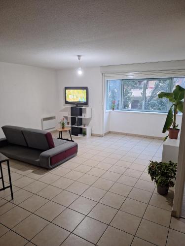 a living room with a couch and a tv at Appartement proche Genève in Annemasse