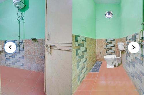 2 imágenes de un baño con aseo en una habitación en shree mangal palace, en Jāmb