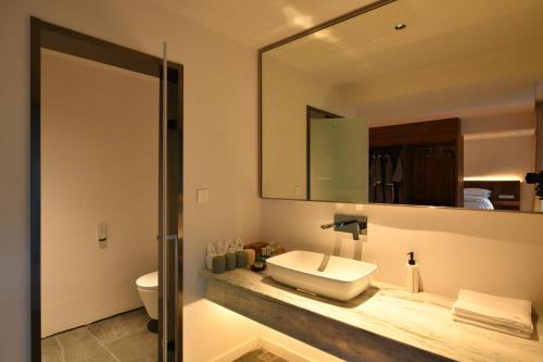 a bathroom with a sink and a toilet and a mirror at 至也 黄果树 in Xinggong