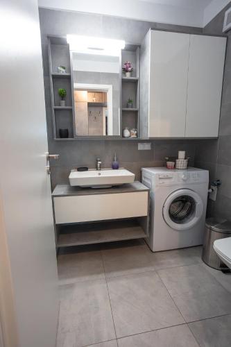 a bathroom with a sink and a washing machine at Elysian by Coressi in Braşov