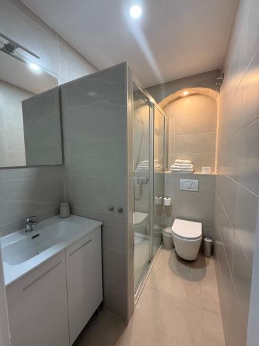a bathroom with a sink and a shower and a toilet at CasaElbarranko in Arcos de la Frontera