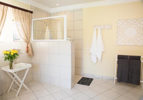 a bathroom with a shower and a sink at Franka Guesthouse in Rustenburg