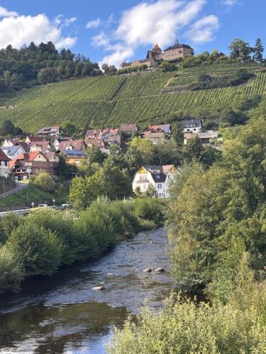 a town on a hill with a river and vineyards at Ferienwohnung Gernsbach Oberstrot in Gernsbach