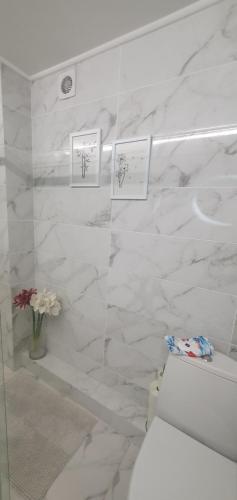 ein weißes Bad mit WC und Marmorwänden in der Unterkunft Spacious appartment in green area, 5 km to Khreschatyk in Kiew