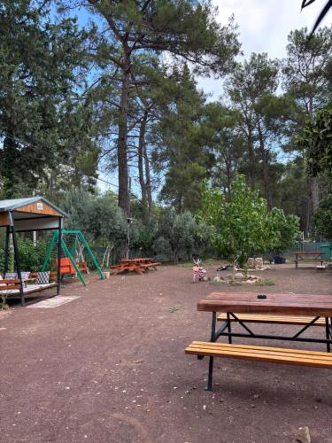 un parco con un tavolo da picnic e un parco giochi di OLYMPOS YÖRÜK OTAĞI APART EVLERİ a Kumluca