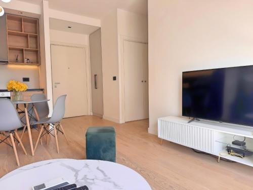 a living room with a large flat screen tv at BW Harmony Residence in Belgrade