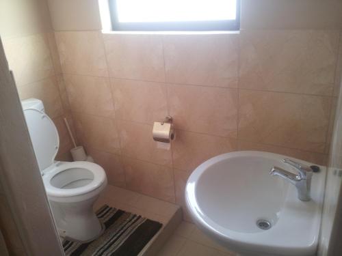 a bathroom with a toilet and a sink and a window at Jessma Bed and Breakfast in Walvis Bay
