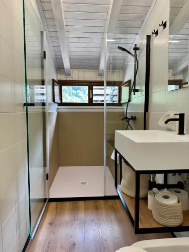 Un baño con lavabo y ducha de cristal. en Il nido Carona, en Carona