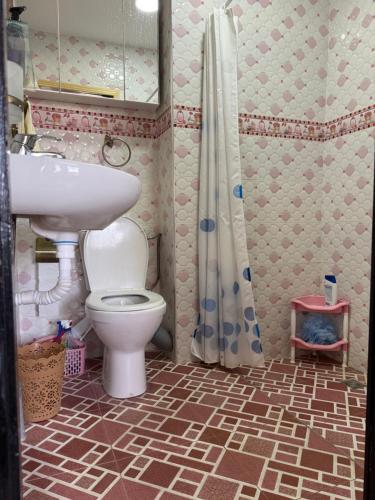 イフレンにあるCozy & Affordable Family Apartmentのトイレ、洗面台、シャワー付きのバスルーム