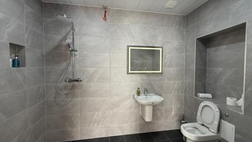 Un baño con ducha, inodoro y lavabo. en Armadillo Guest House, en Edimburgo
