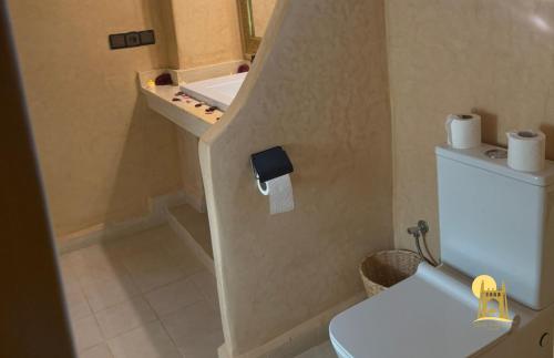 a small bathroom with a toilet and a sink at hotel riad kasbah sbai palace in Mhamid