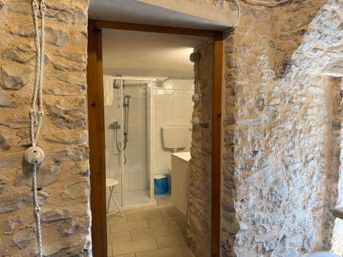 a bathroom with a shower and a stone wall at Ai Pilieri di Bagnoli in Castel del Monte