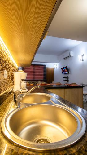 a bathroom with a gold sink in a room at Ocean Blue Isla de Margarita in Porlamar