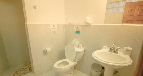 a white bathroom with a toilet and a sink at Playa Encanto Scenic Gem Ocean Front Home in Playa Encanto