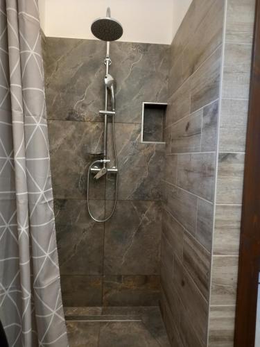 a shower with a glass door in a bathroom at Origo II in Debrecen