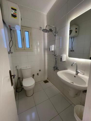 a white bathroom with a toilet and a sink at Comfy Tourist Corner - Giza - Hotel Apartments in Cairo