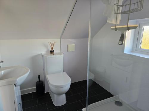 a white bathroom with a toilet and a sink at Lochview in Swannay