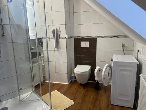a bathroom with a toilet and a walk in shower at Apartament an der Landgestüt in Warendorf